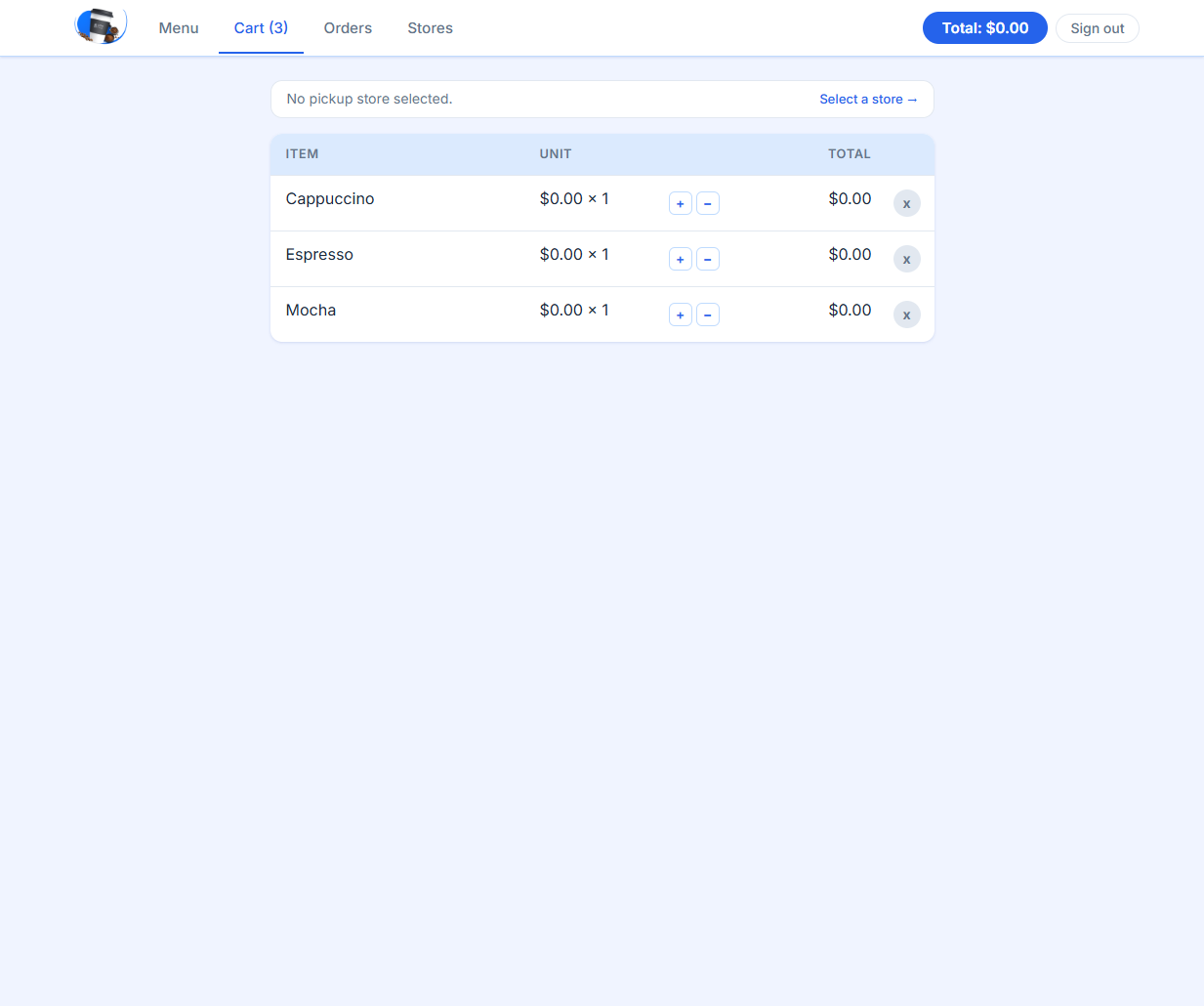 Coffee Cart cart page showing multiple drinks in the cart table with quantity controls.