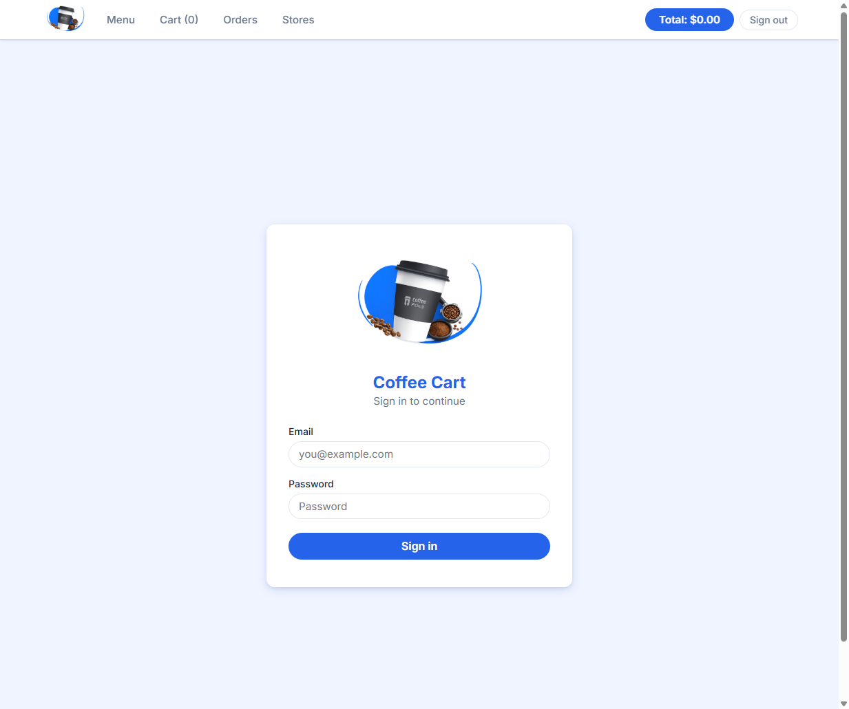 Coffee Cart login page showing the logo, email field, password field, and sign-in button.