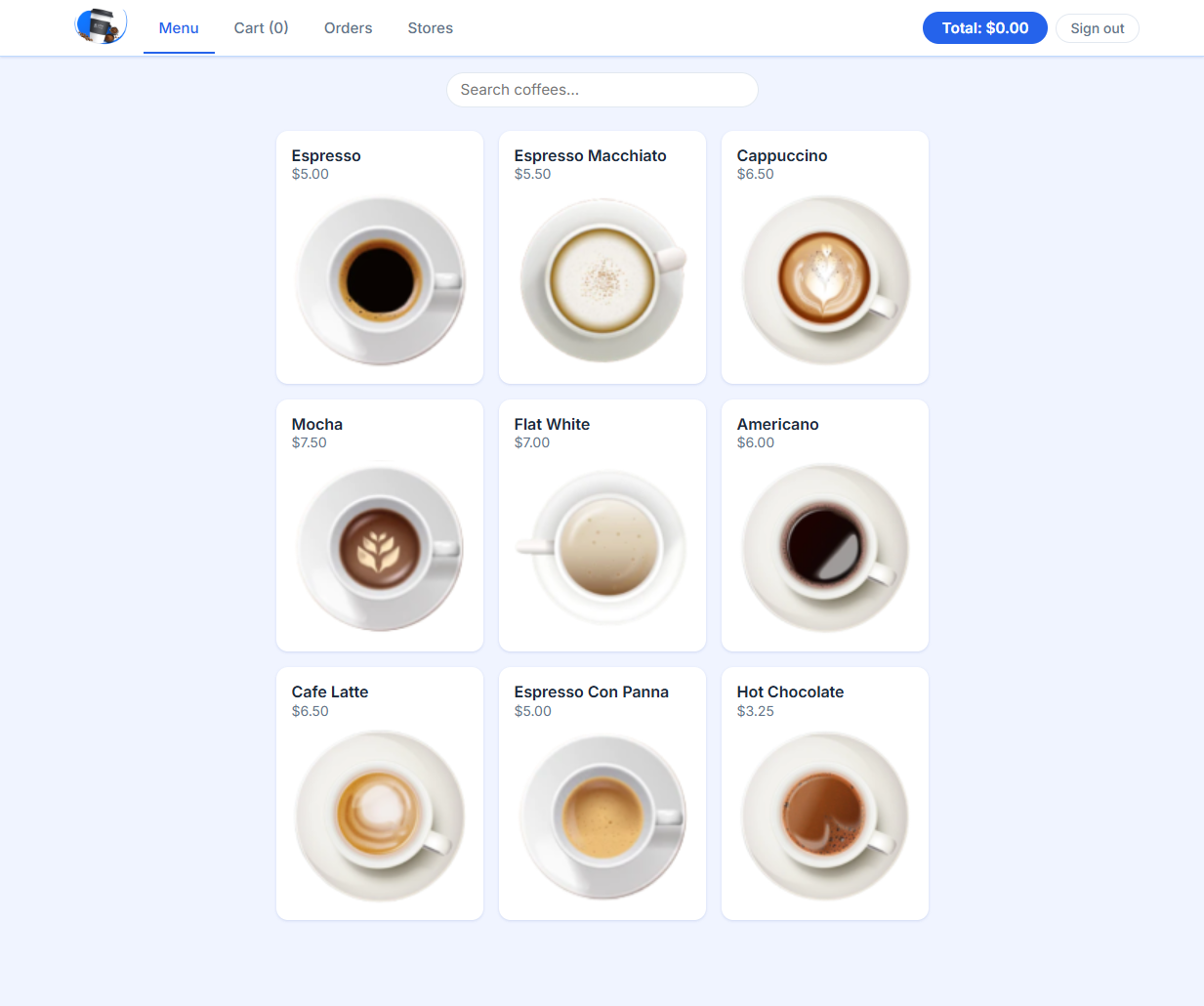 Coffee Cart menu page showing coffee cards, top navigation, and the search field.