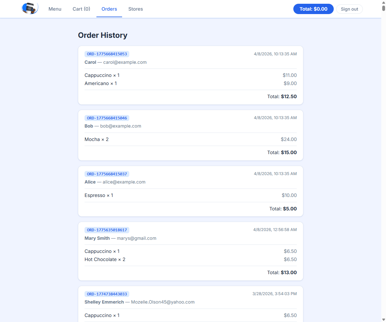 Coffee Cart orders page showing multiple historical orders and totals.