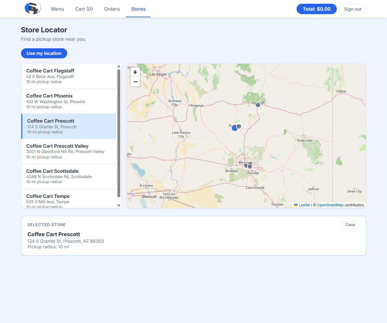 Coffee Cart stores page showing the store list, Arizona map, and selected pickup location.