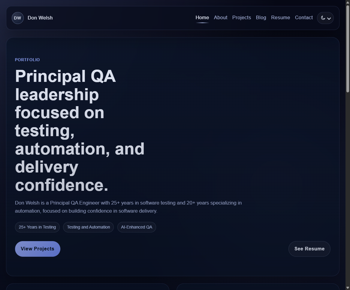 vbreview.com home page showing the portfolio hero section, navigation, and primary calls to action.