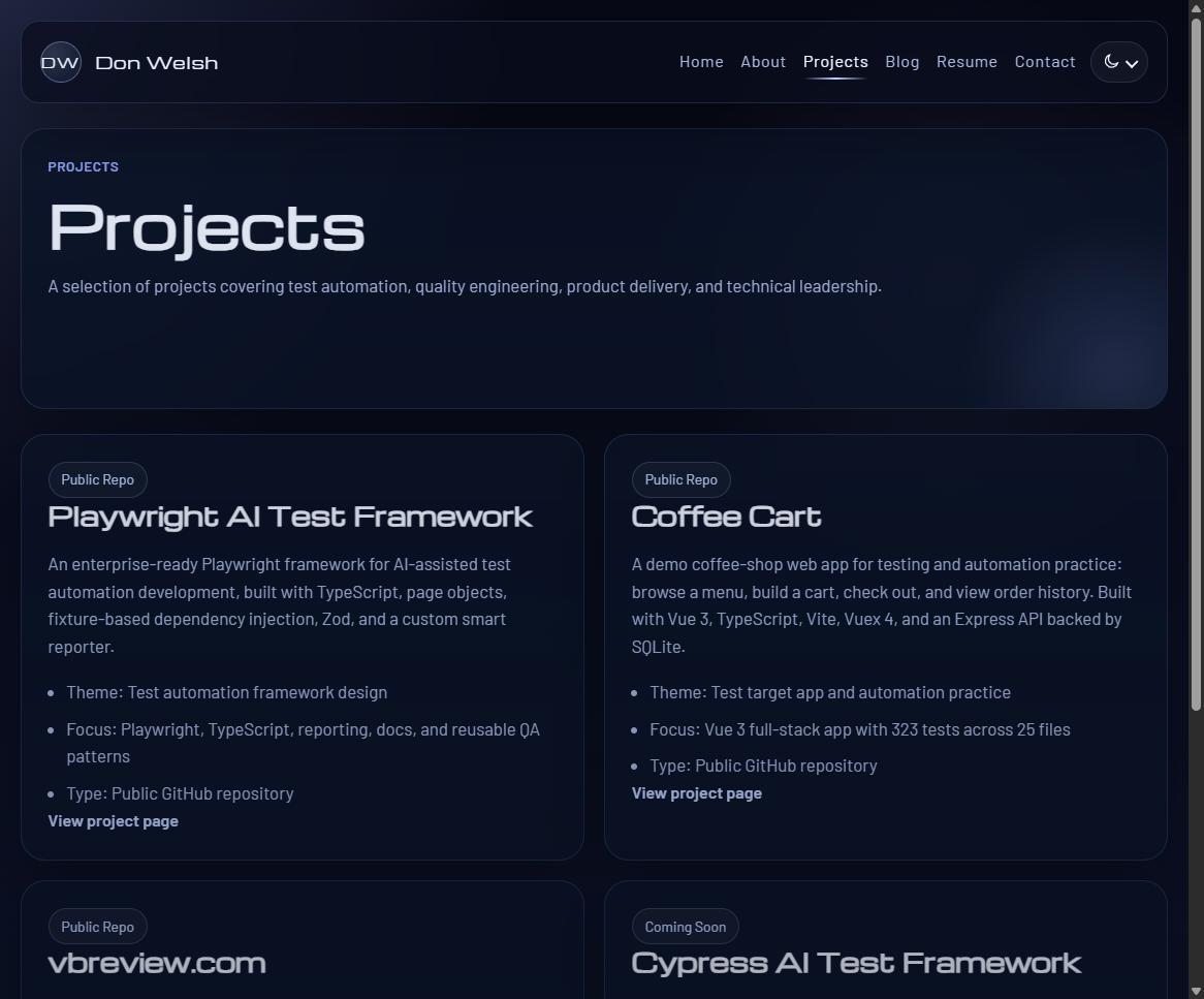 vbreview.com projects page showing project cards for the Playwright framework, Coffee Cart, portfolio site, and a future Cypress framework.
